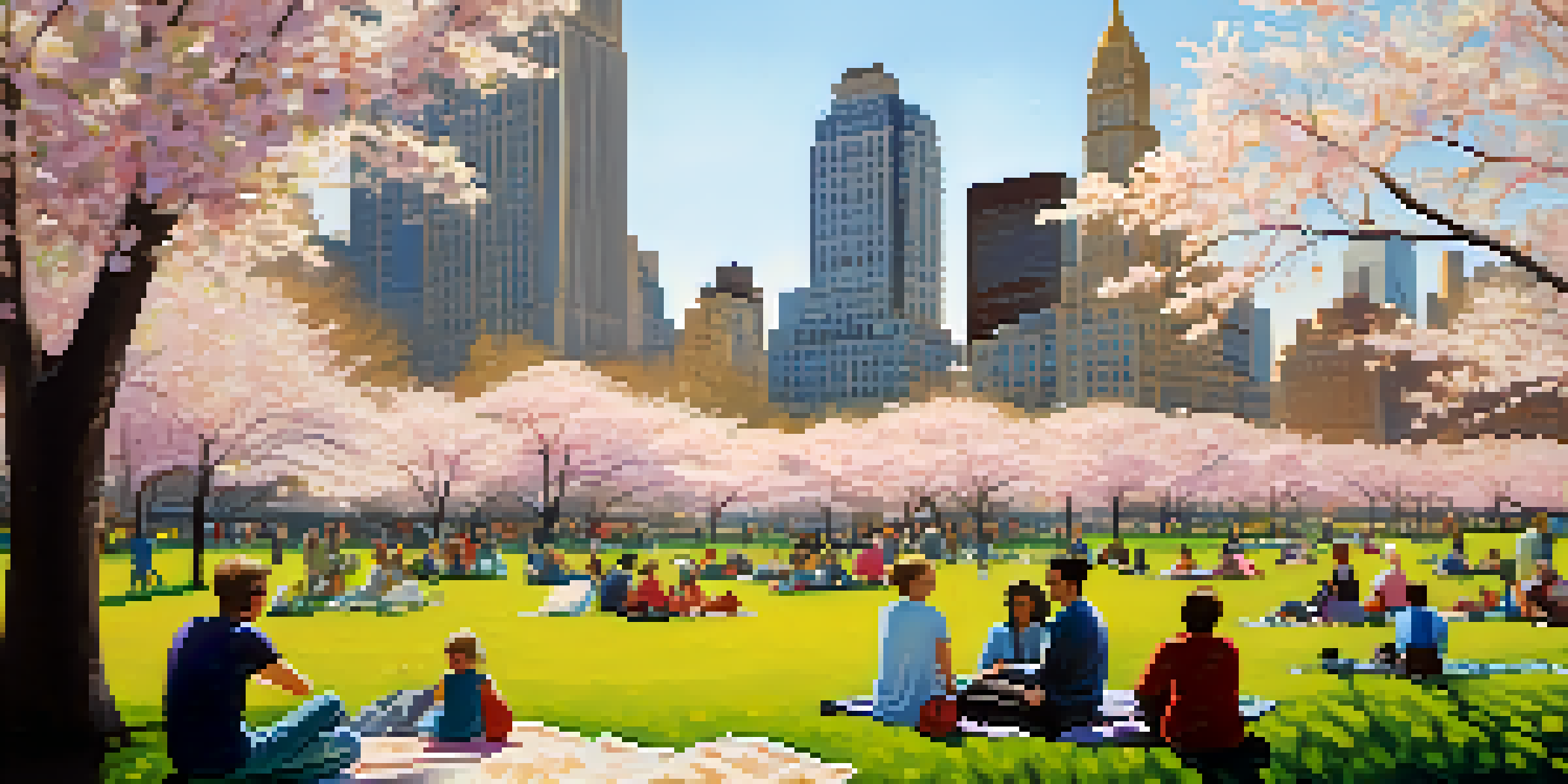 A sunny spring day in Central Park with tourists picnicking and cherry blossom trees blooming.