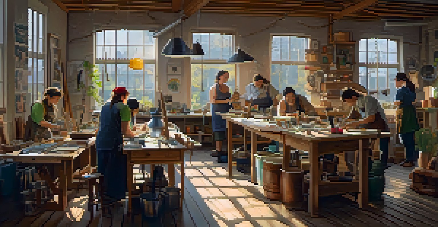 A cozy workshop with diverse artisans crafting handmade items, illuminated by natural light from large windows.