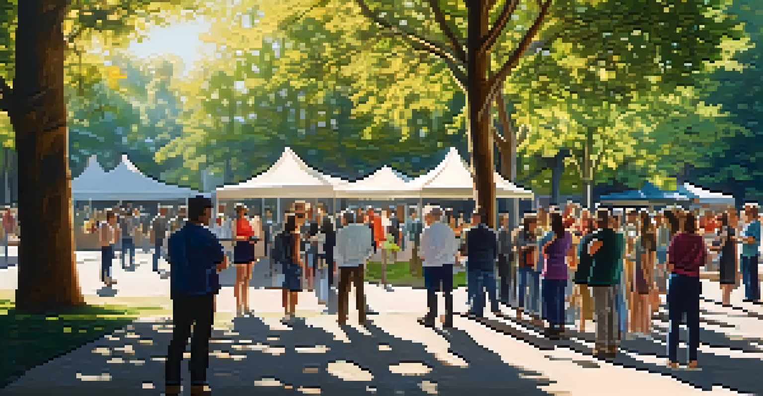 A vibrant outdoor community art exhibition in a park with residents admiring artworks, while a journalist interviews an artist under the sunlight filtering through the trees.