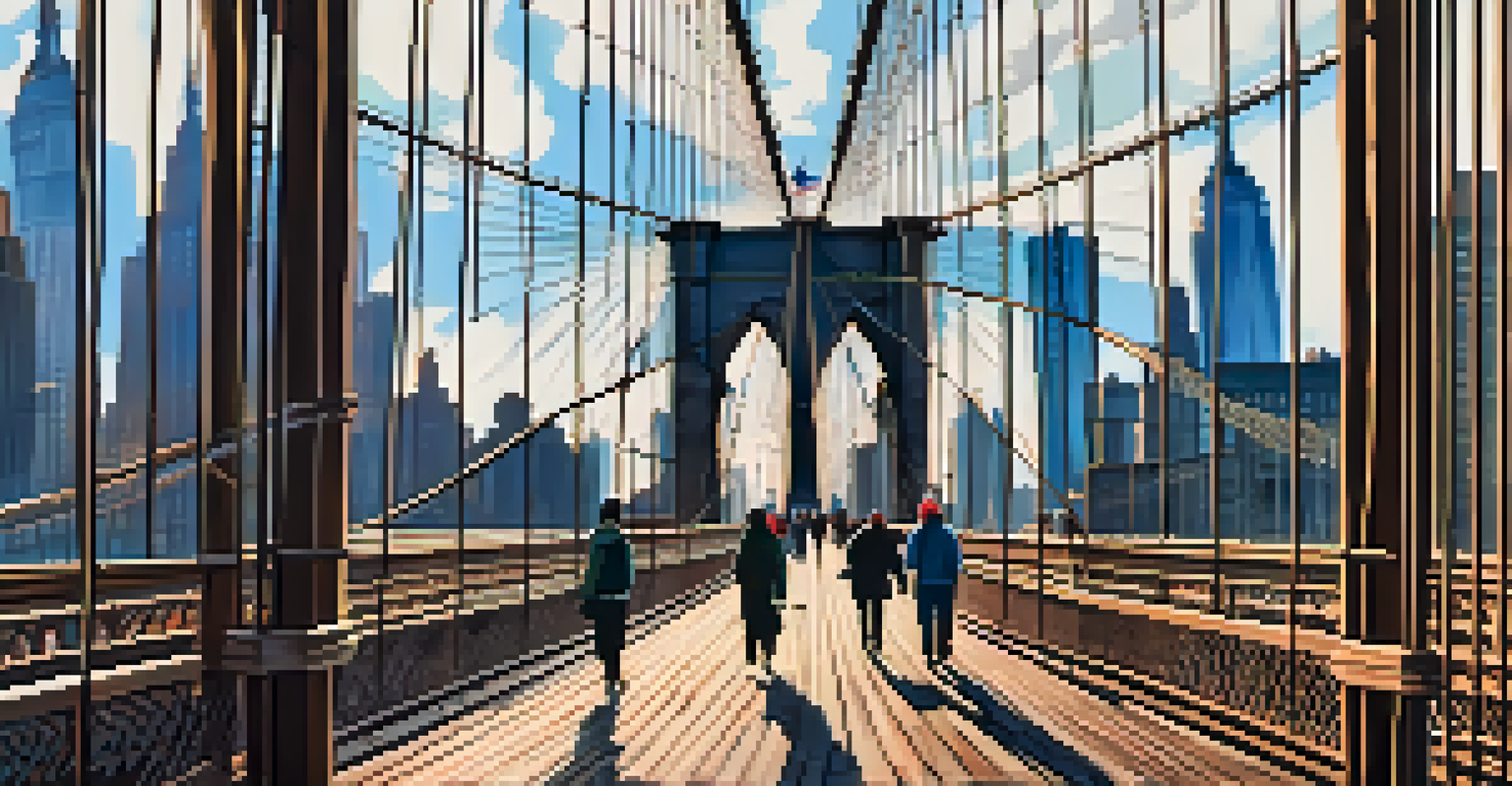Pedestrians walking along the Brooklyn Bridge, with city skyline visible and iconic arches in view.