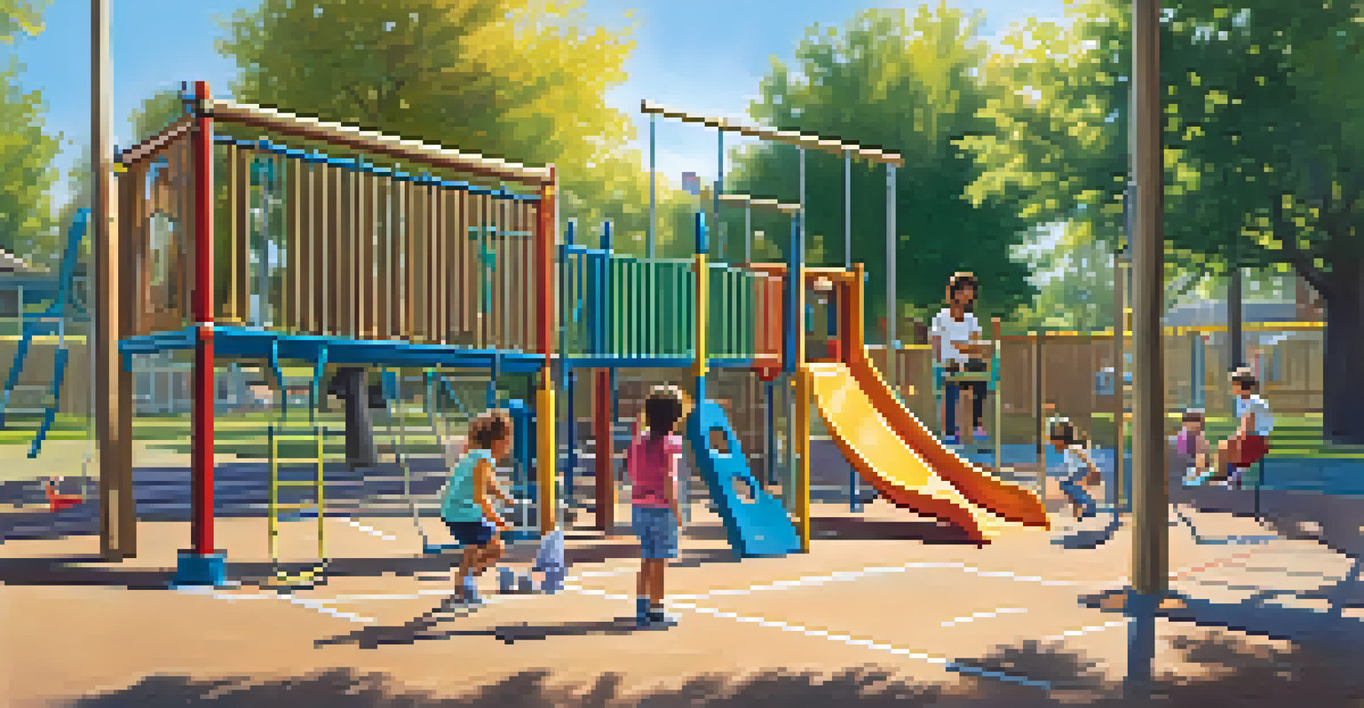 Children playing on a sunny outdoor playground with swings and climbing structures, supervised by a caregiver.