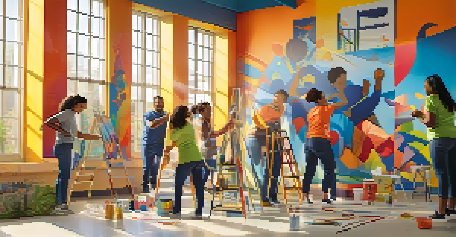 Employees painting a colorful mural on a wall in a community center, engaged in teamwork and creativity, with art supplies around.