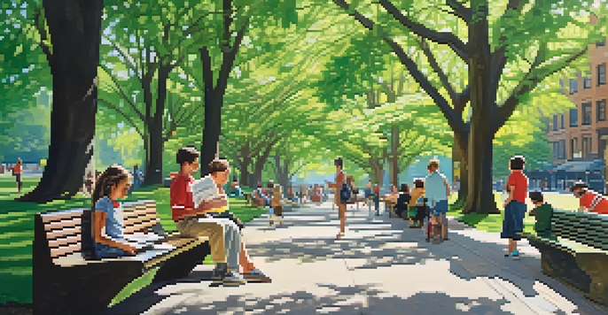 A lively urban park in NYC with blooming flowers, green trees, and wildlife, featuring people enjoying the outdoors.
