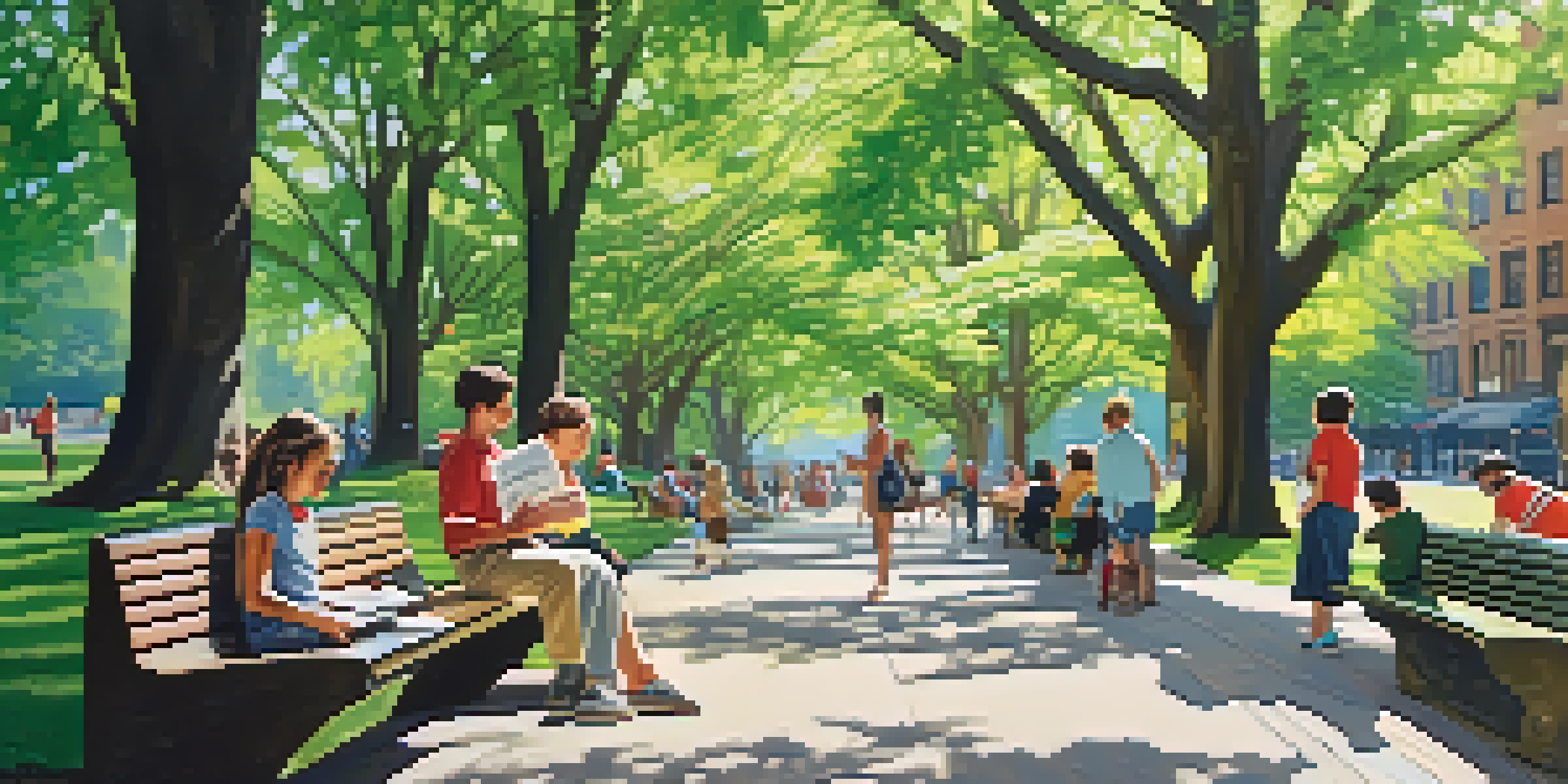 A lively urban park in NYC with blooming flowers, green trees, and wildlife, featuring people enjoying the outdoors.