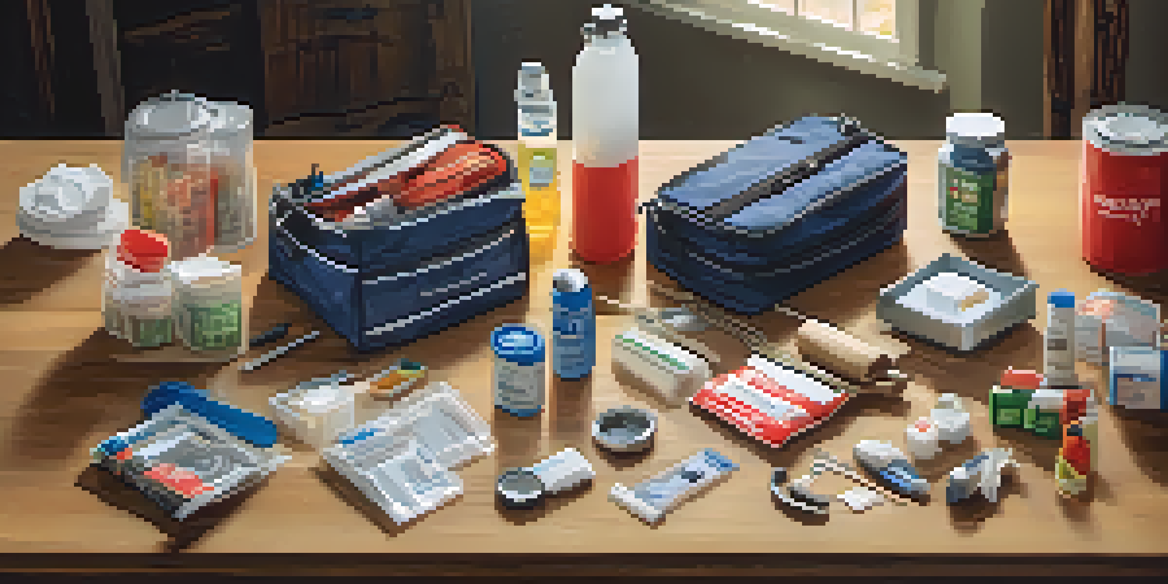 An organized emergency kit on a wooden table with essential supplies such as food, water, and a flashlight, under warm natural light.
