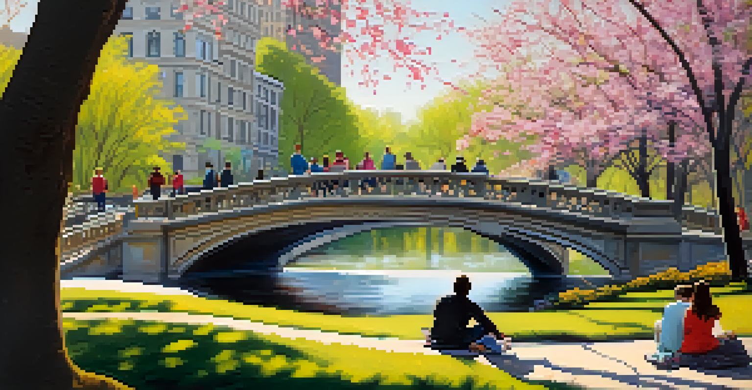 A peaceful spring scene in Central Park with Bow Bridge and blooming flowers.