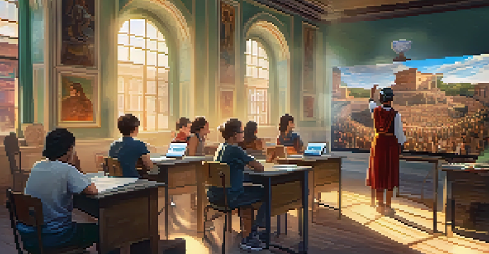 A lively classroom with students using virtual reality headsets to explore a historical simulation of ancient Rome, showing their engagement and excitement.