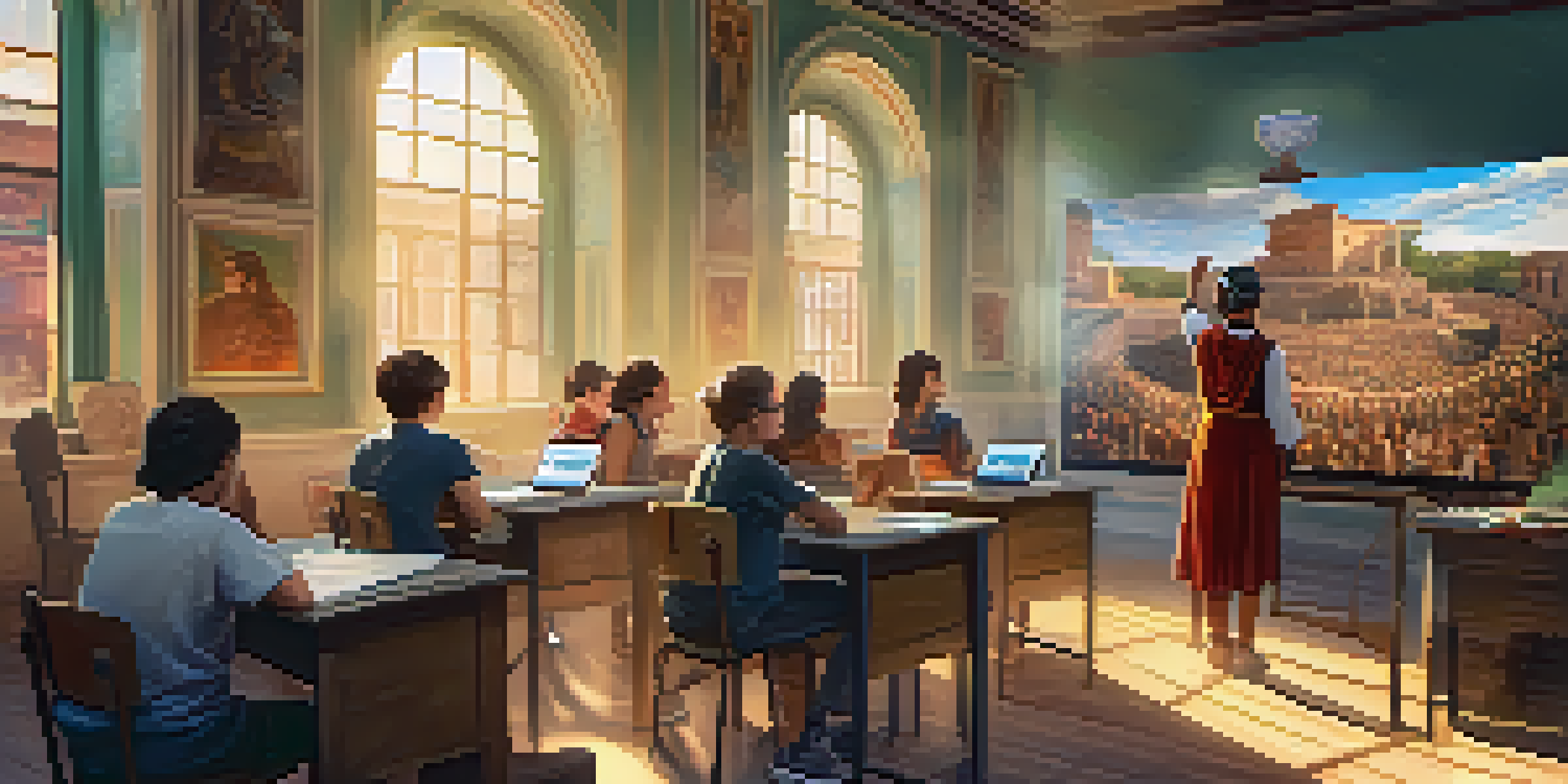 A lively classroom with students using virtual reality headsets to explore a historical simulation of ancient Rome, showing their engagement and excitement.