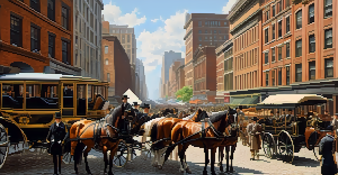 A busy 19th-century New York City street with horse-drawn omnibuses, cobblestone roads, and pedestrians in historical clothing.