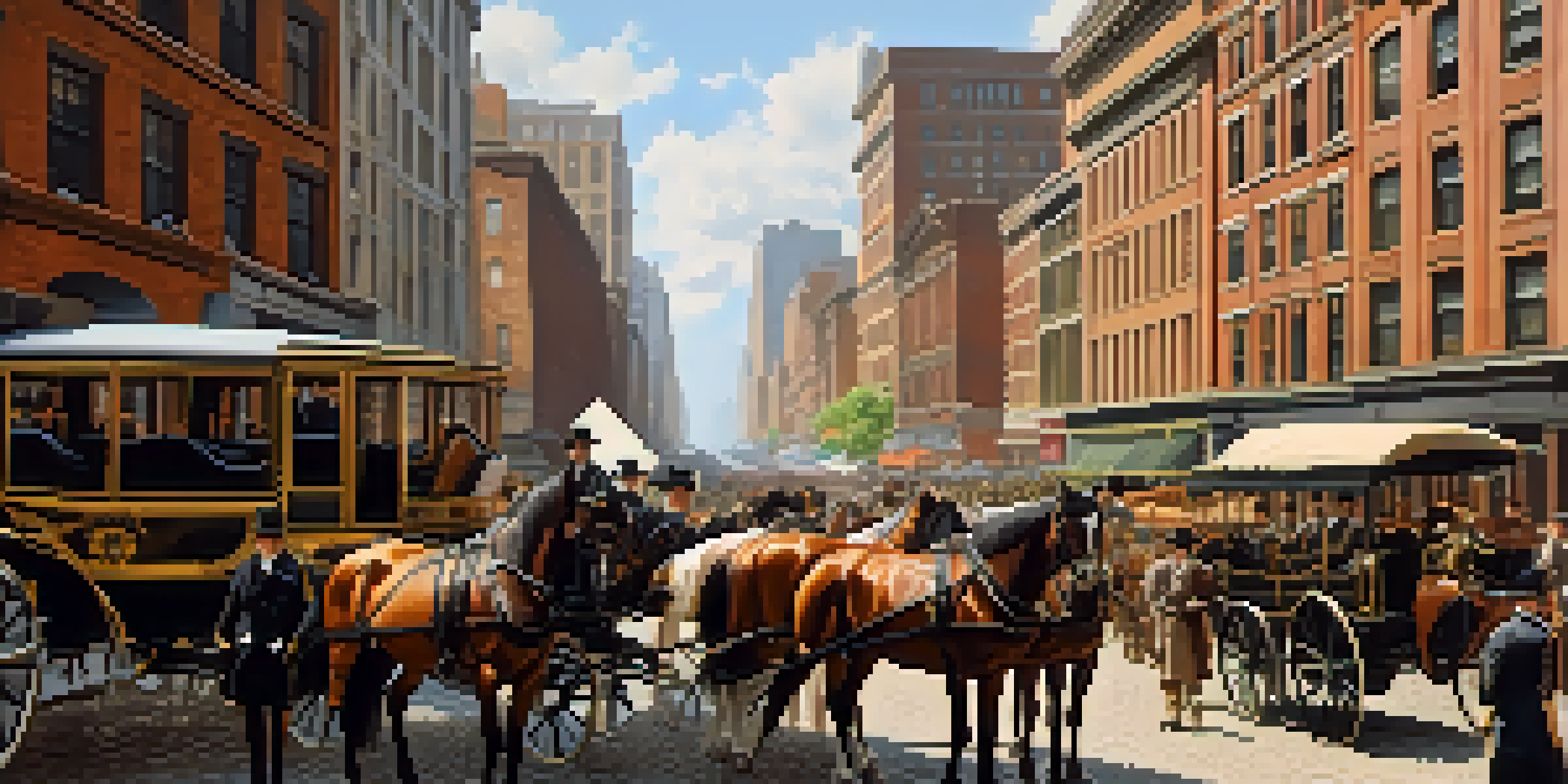 A busy 19th-century New York City street with horse-drawn omnibuses, cobblestone roads, and pedestrians in historical clothing.