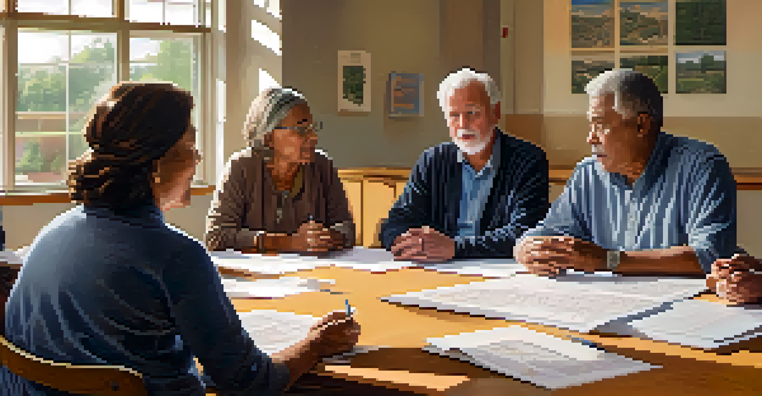 Residents attending a community board meeting discussing urban development, with maps and charts visible in a well-lit room.