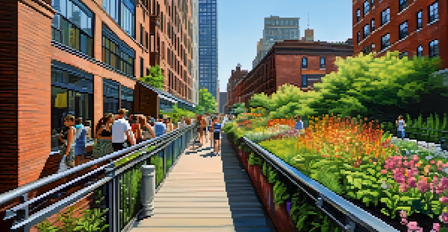 View of the High Line park with greenery, flowers, and art installations, with people walking and views of the Hudson River.