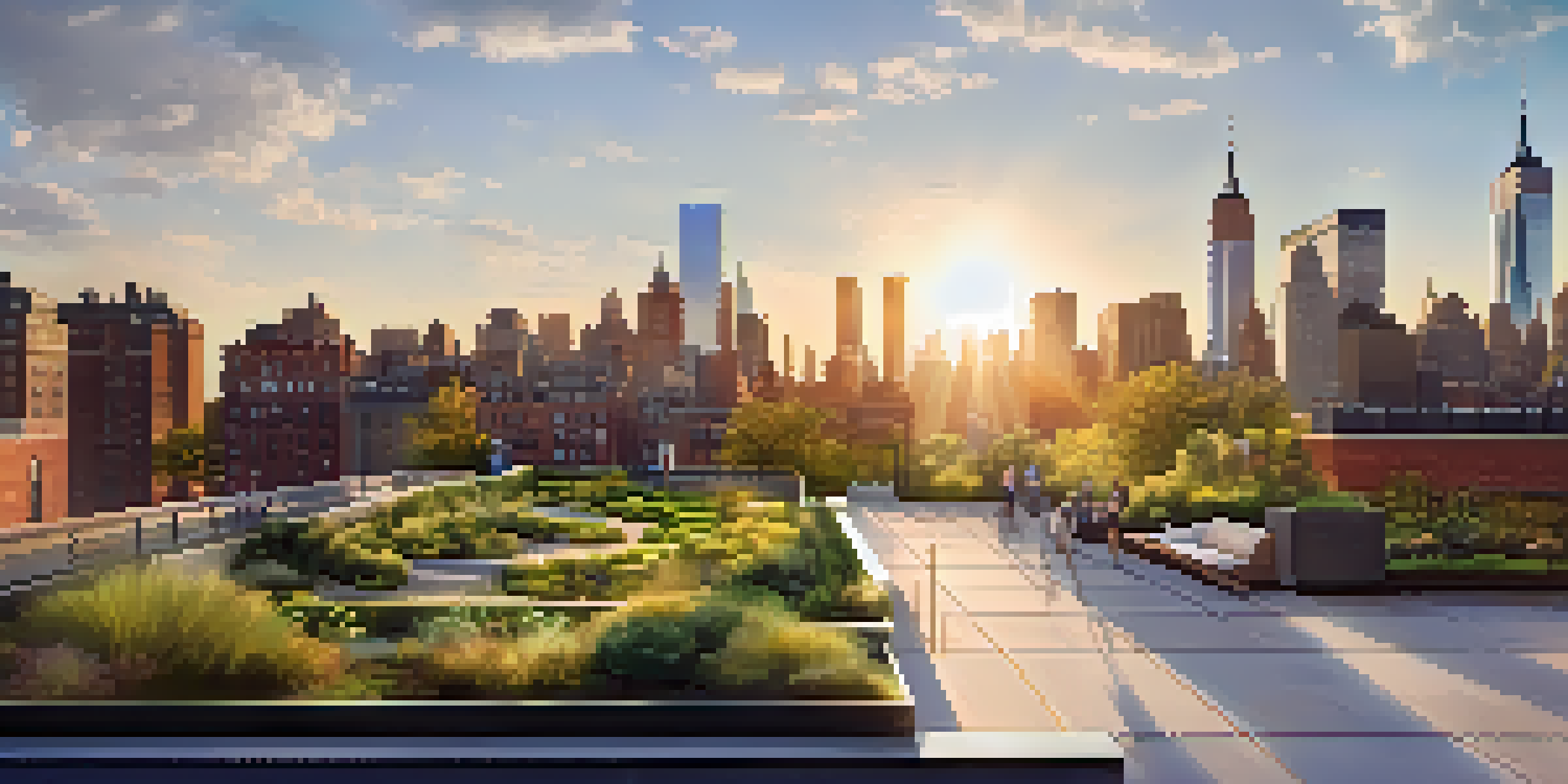 A panoramic view of New York City featuring resilient infrastructure like green roofs and parks during golden hour.