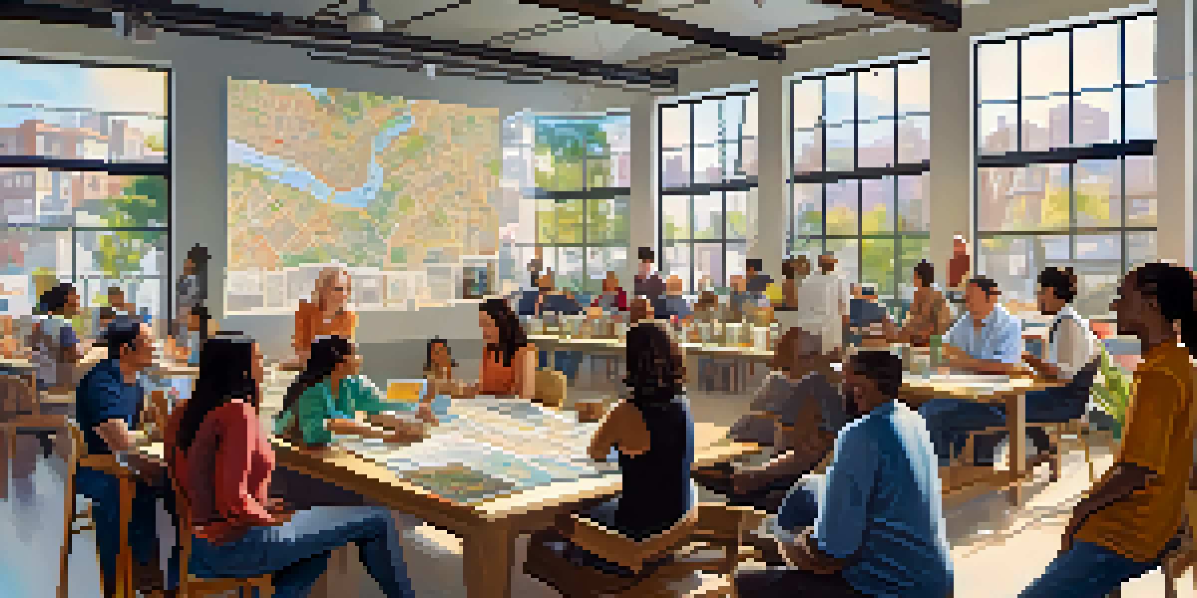 A diverse group of residents participating in a lively community meeting about urban planning, surrounded by colorful posters and maps.