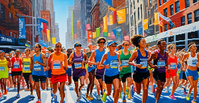 A lively scene of the New York City Marathon with diverse runners and cheering spectators, set against iconic NYC landmarks.