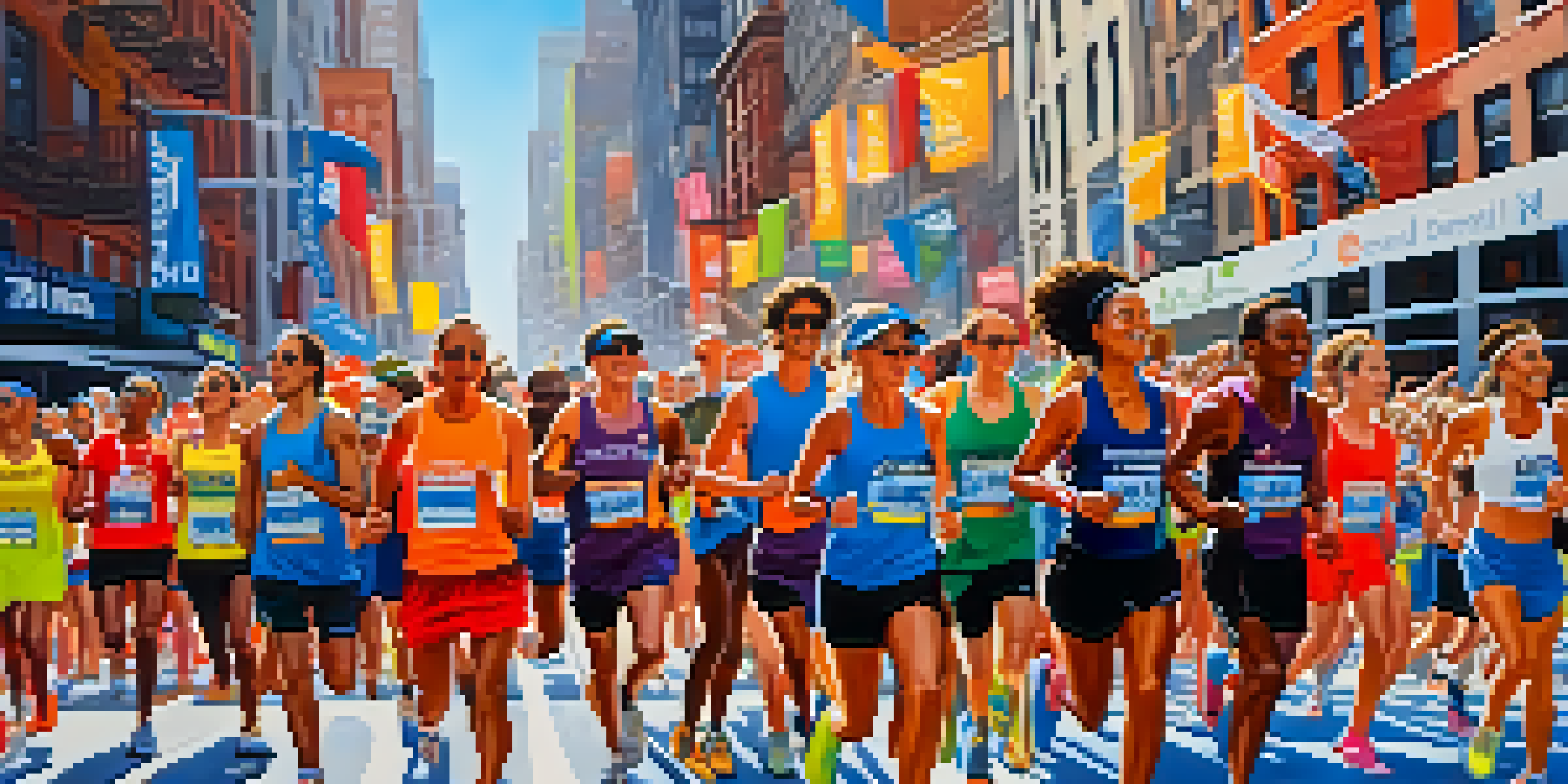 A lively scene of the New York City Marathon with diverse runners and cheering spectators, set against iconic NYC landmarks.