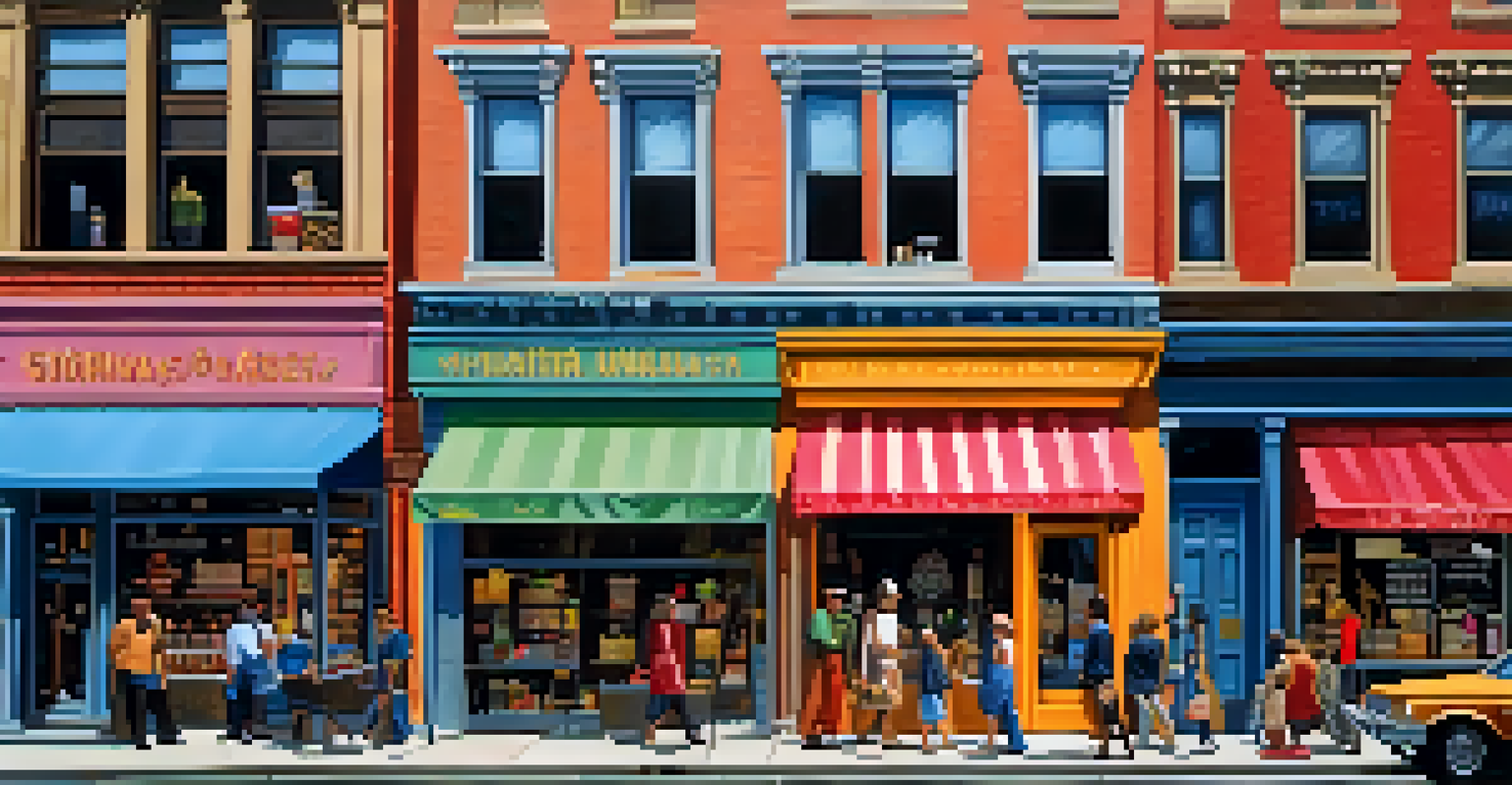 A busy New York City street with a small business storefront displaying unique products and diverse pedestrians.