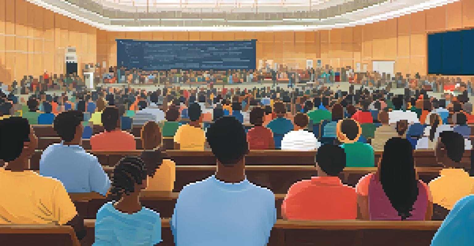 A community meeting in a school auditorium discussing public school funding, with participants engaged and a projector displaying information.