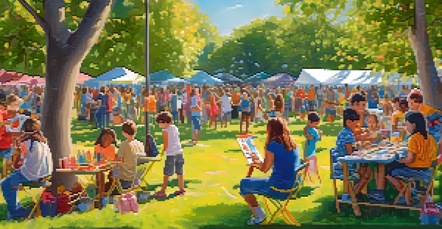 A community art event in a park with people painting, collaborating on a mural, and enjoying live music, surrounded by colorful decorations and sunlight through trees.