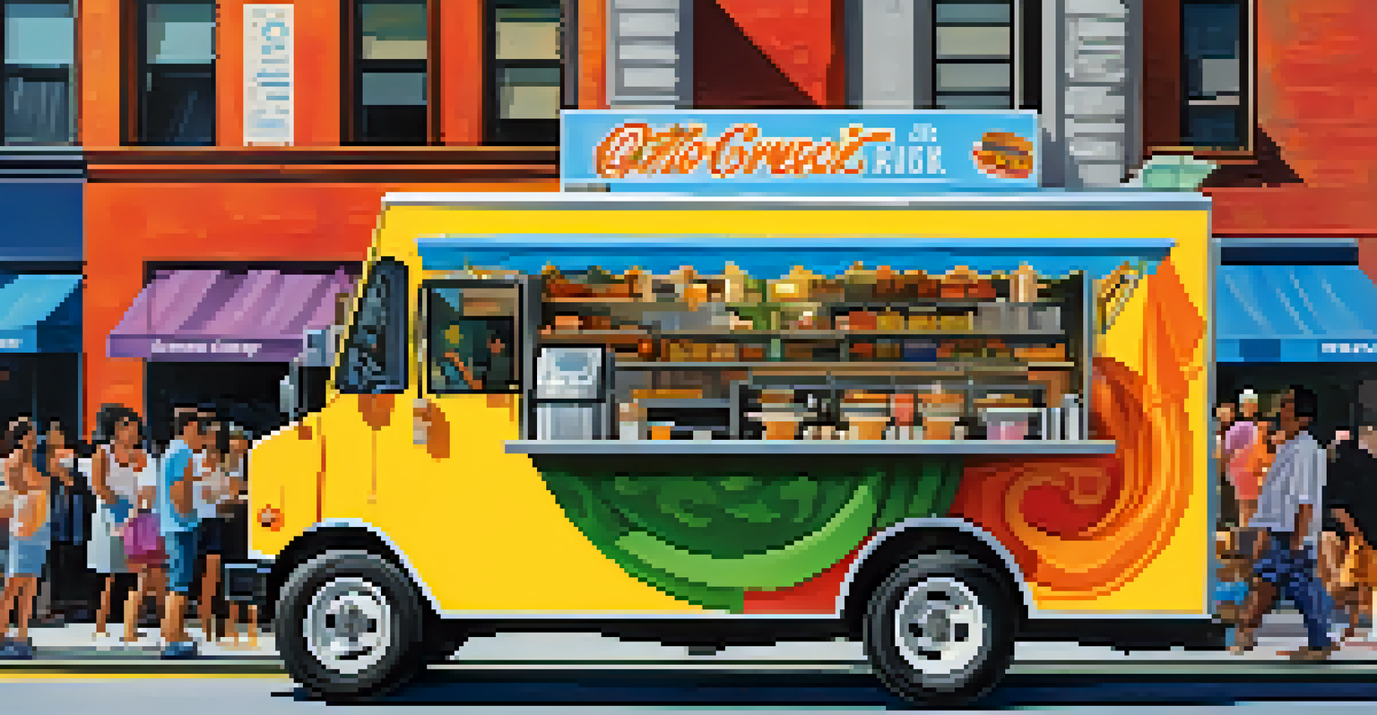 A colorful food truck serving street food with customers in line, set against a bustling NYC street with skyscrapers.