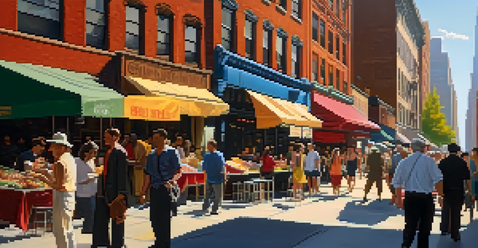 A bustling New York City street scene with diverse pedestrians, street vendors, and colorful shops under warm afternoon sunlight.