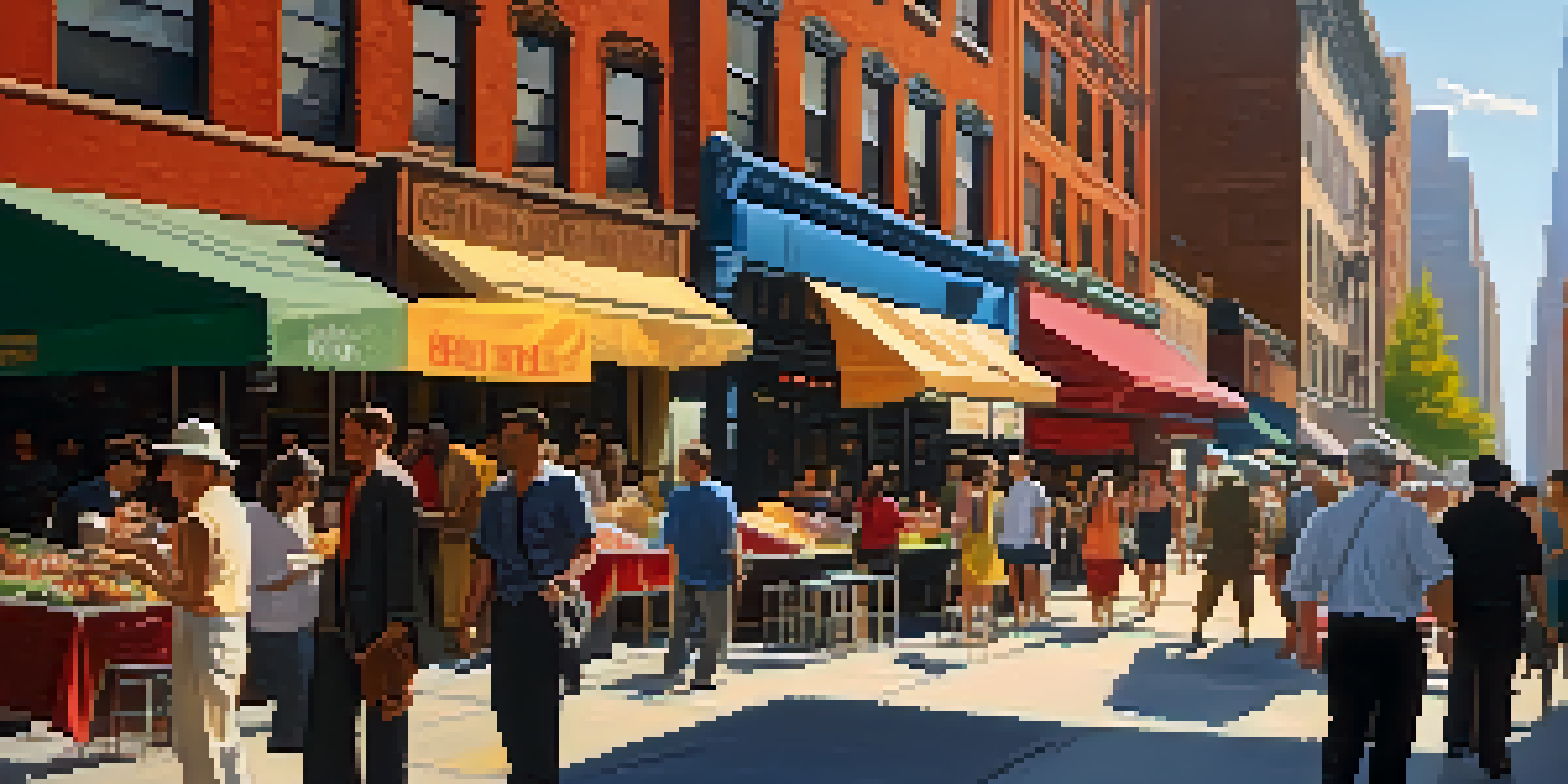 A bustling New York City street scene with diverse pedestrians, street vendors, and colorful shops under warm afternoon sunlight.