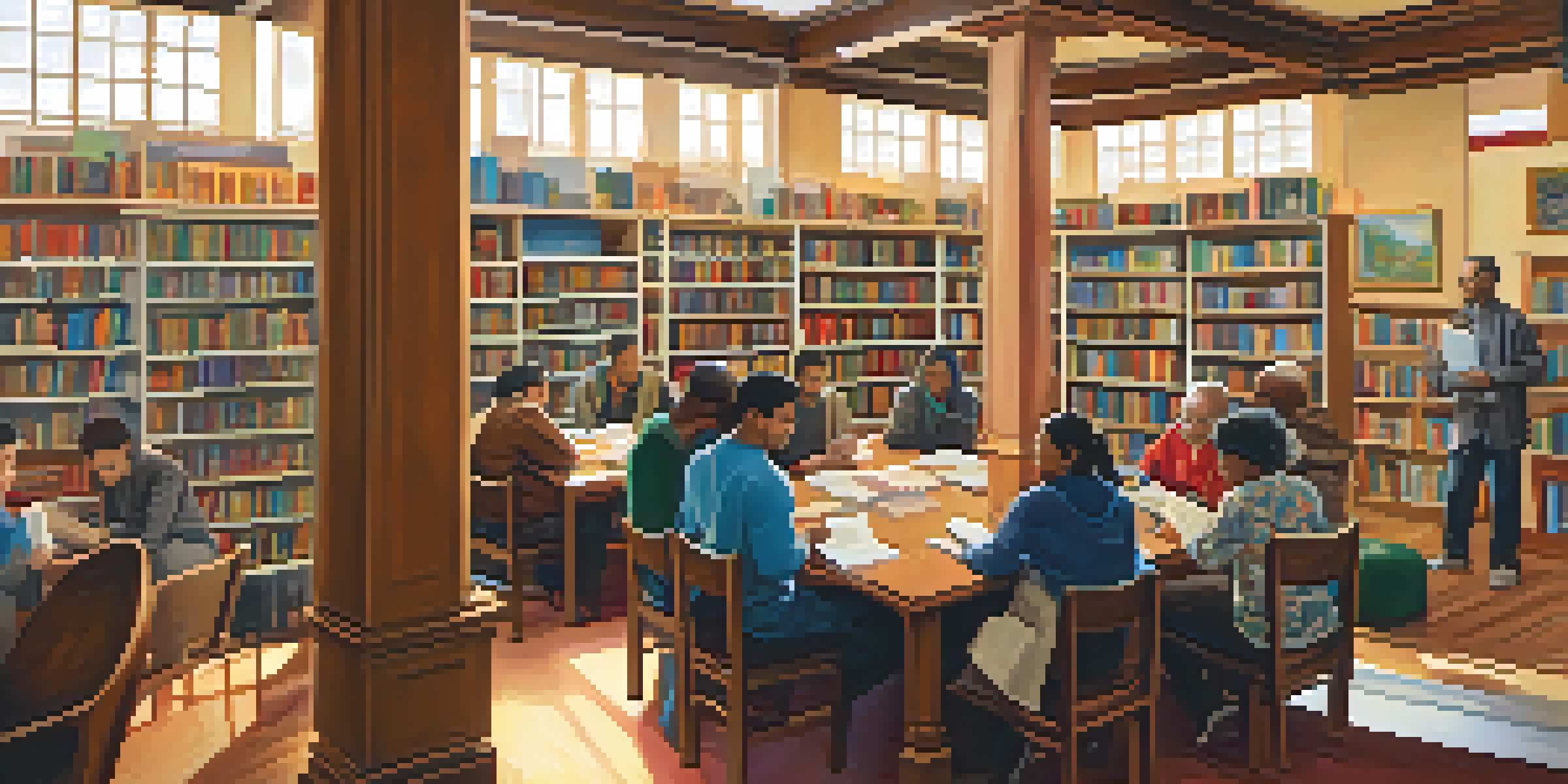 A warm and welcoming library interior with diverse immigrants engaged in reading and conversation.