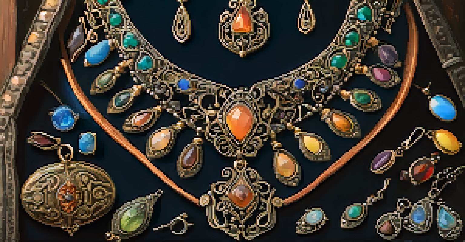 A handcrafted necklace with intricate designs at a vendor's booth at the Renaissance Faire, showcasing colorful gemstones.