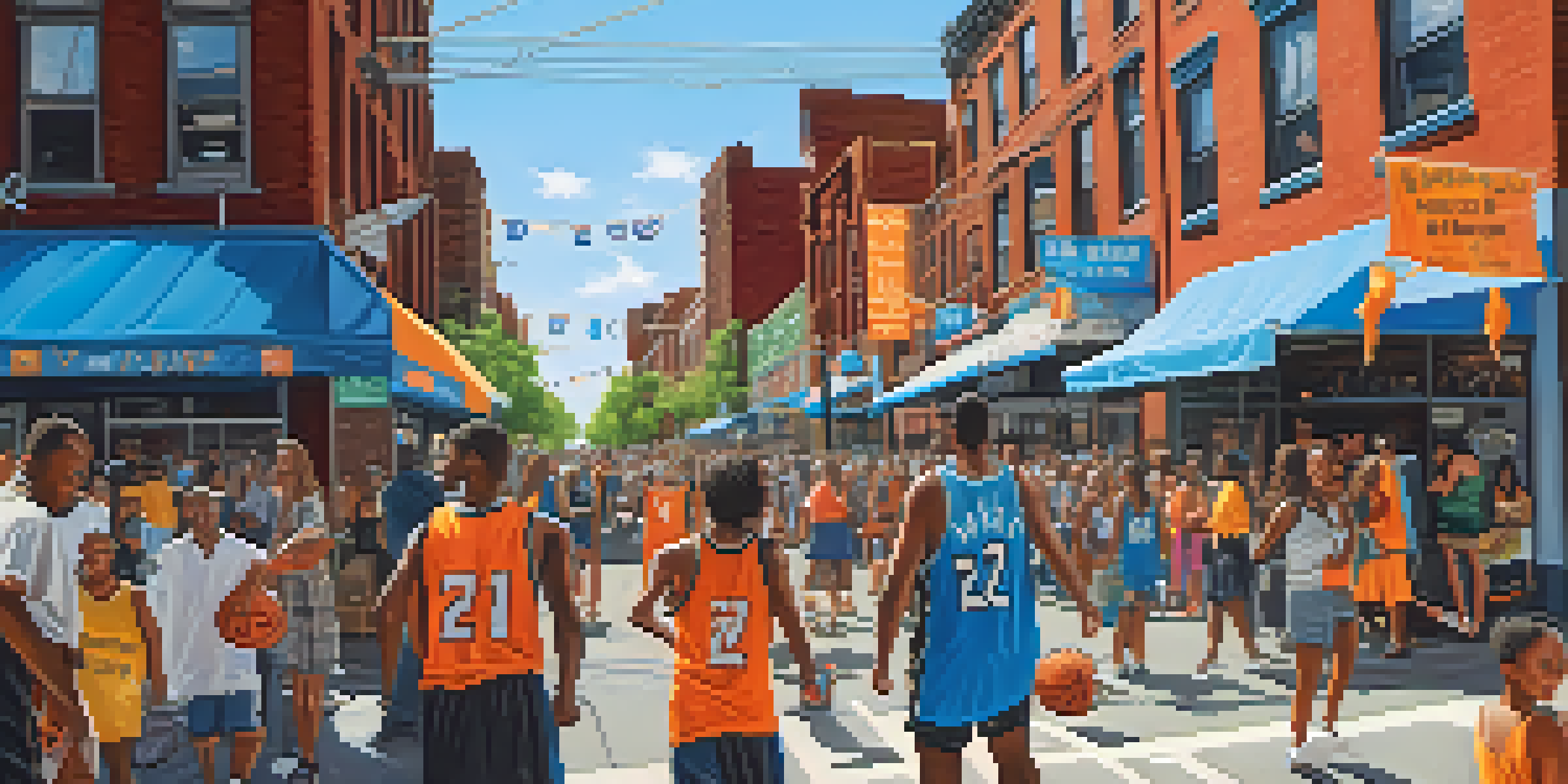 A busy Brooklyn street filled with basketball fans in jerseys, local cafes bustling with supporters, and festive banners, creating a lively game day atmosphere.