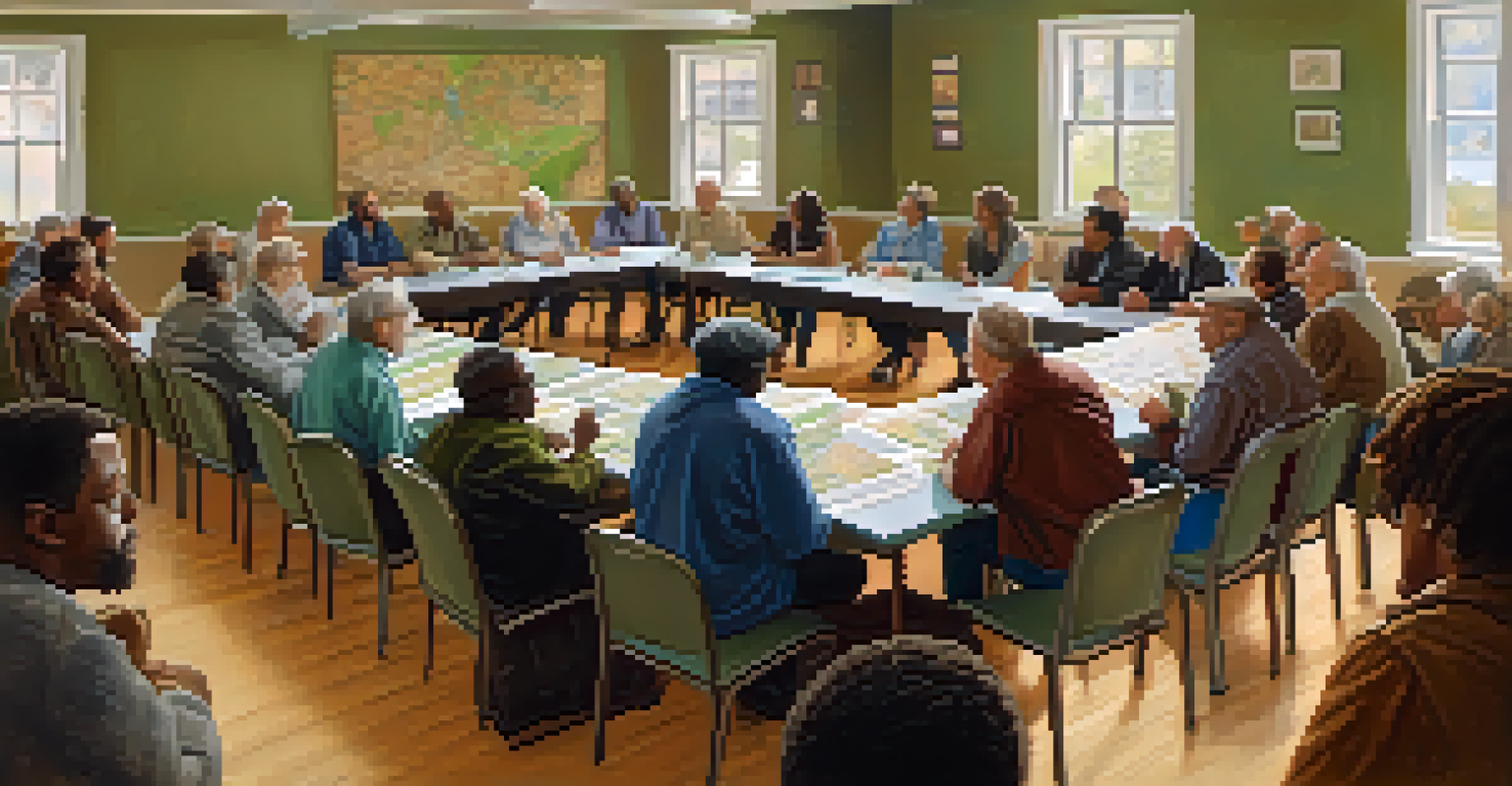 A diverse group of residents gathered in a community center discussing historic preservation, surrounded by maps and materials in a warm and inviting setting.