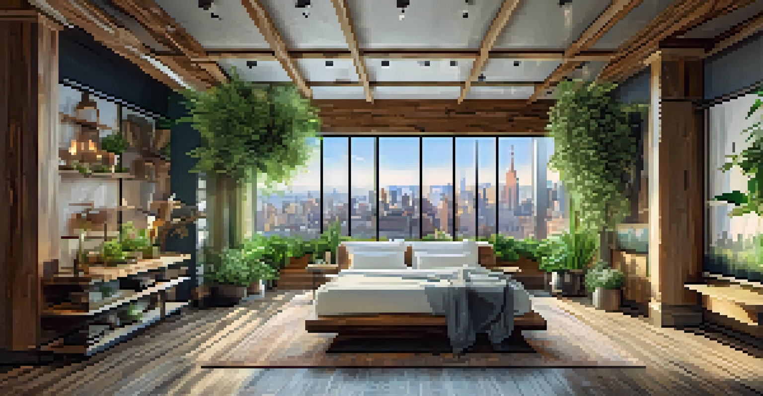 An interior view of a sustainable boutique hotel with eco-friendly decor and a view of the city through large windows.