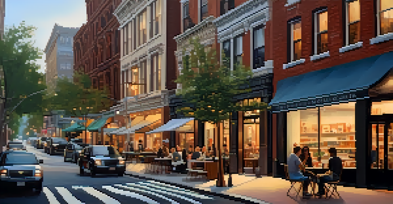 A charming NYC street with boutiques and cafes, filled with people and warm evening lights.