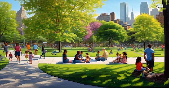 A lively community park in New York City filled with families and children playing, surrounded by trees and city skyline.