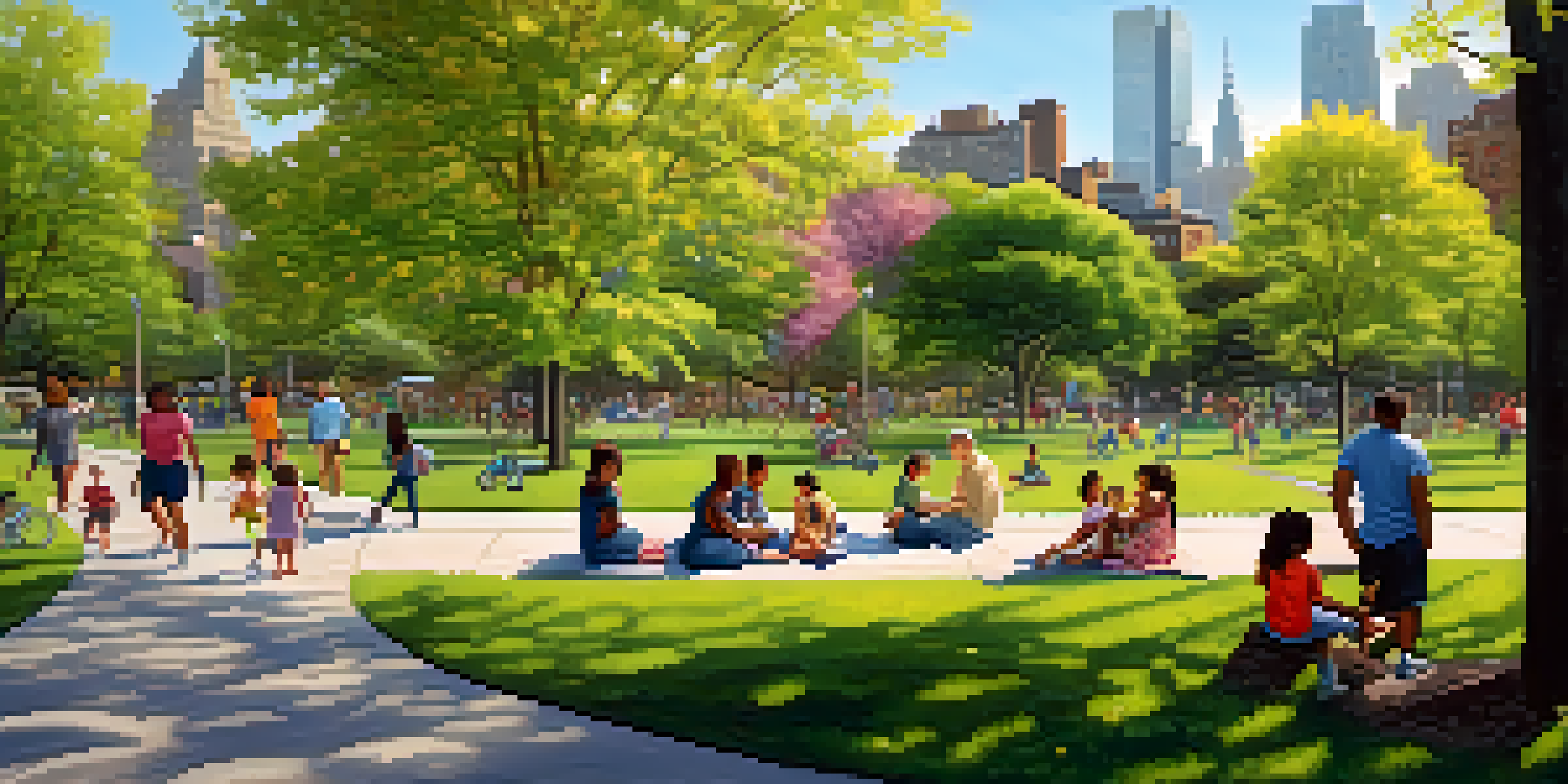 A lively community park in New York City filled with families and children playing, surrounded by trees and city skyline.