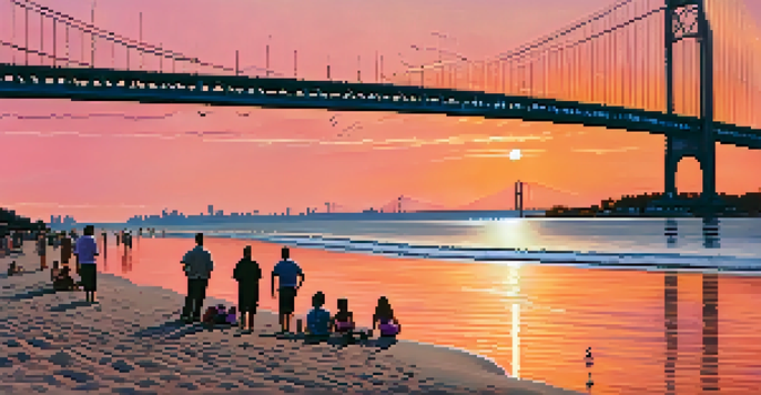 A beautiful sunset at South Beach with families picnicking on the sand and the Verrazzano-Narrows Bridge visible in the background.