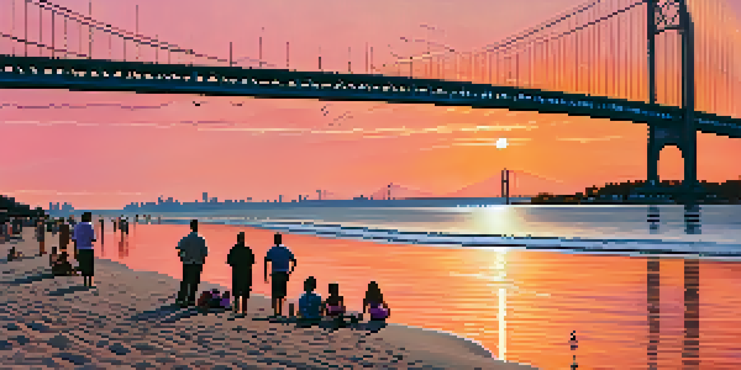 A beautiful sunset at South Beach with families picnicking on the sand and the Verrazzano-Narrows Bridge visible in the background.