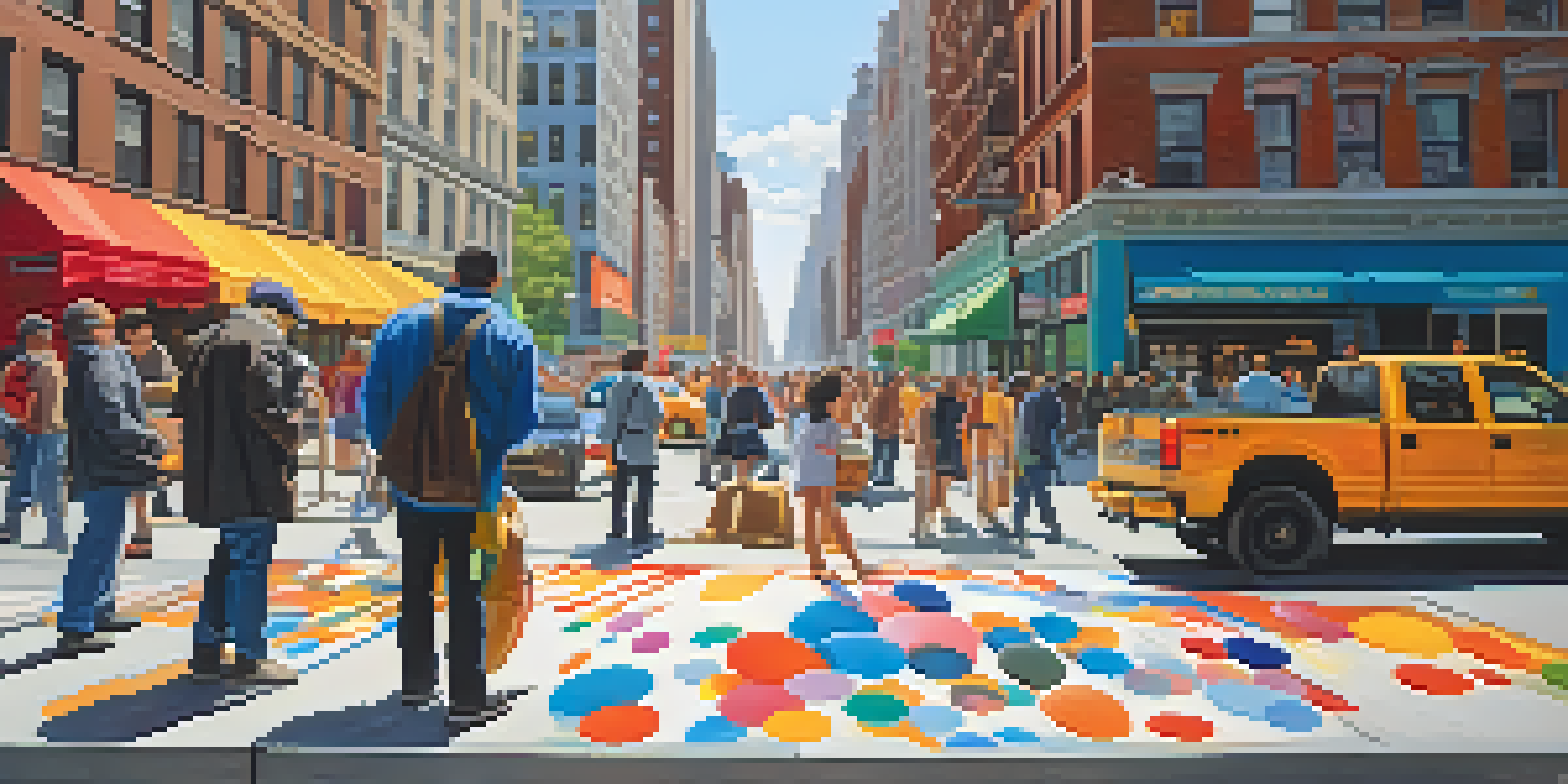A lively street scene in New York City with artists painting and sculpting, surrounded by colorful splashes of paint and iconic buildings in the background.