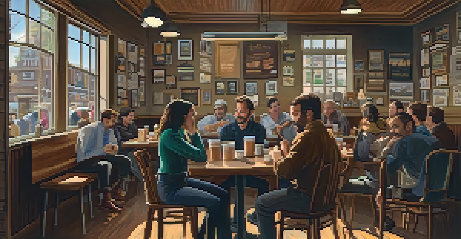 A cozy coffee shop with friends discussing politics, surrounded by warm lighting, coffee, and local artwork.