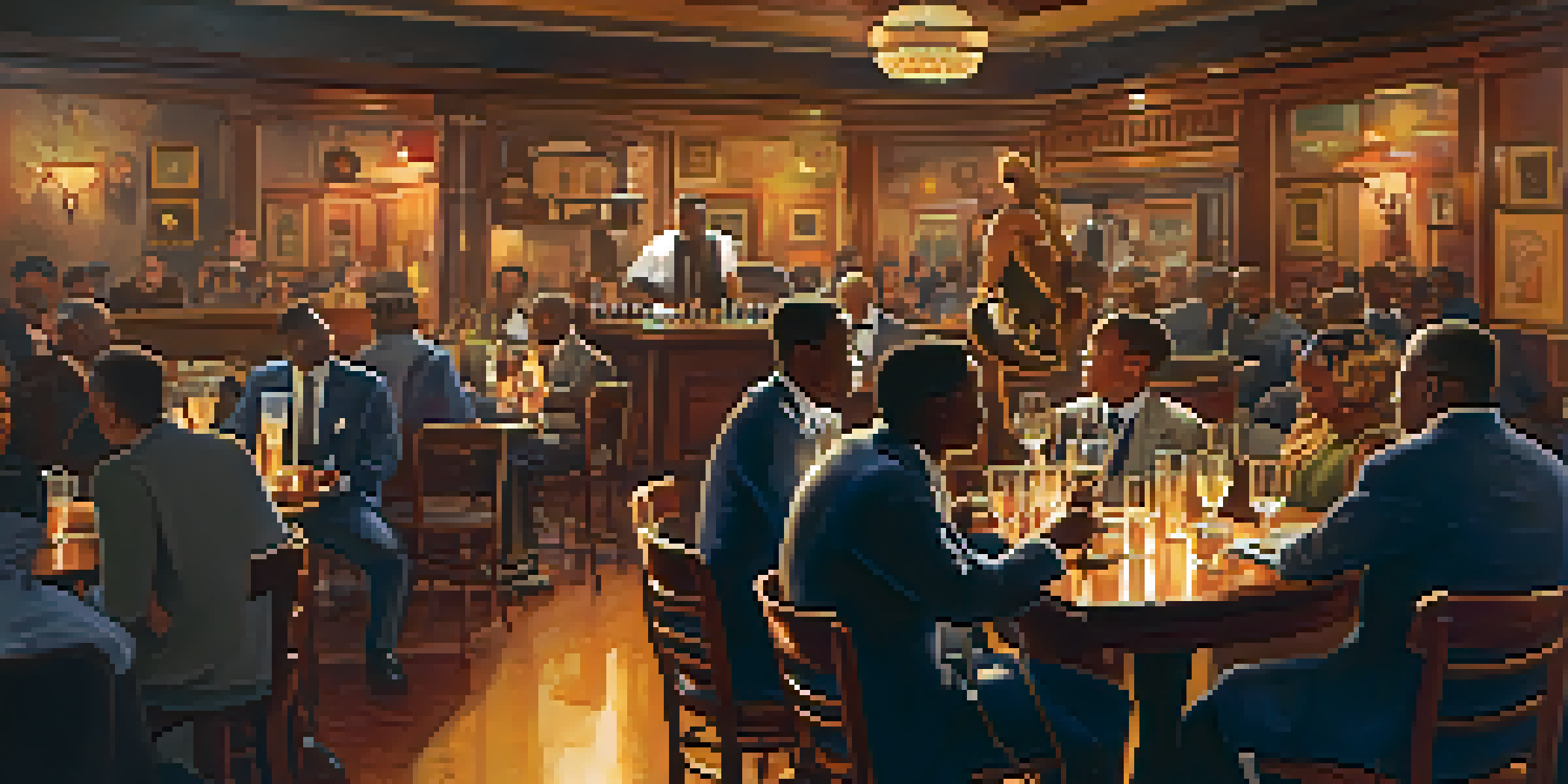 A saxophonist performs in a dimly lit jazz club, with audience members seated at tables enjoying drinks.
