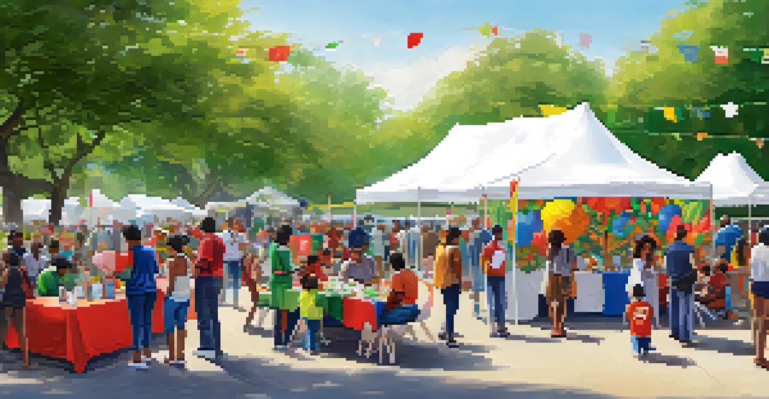 A community support event in a park, showcasing diverse individuals interacting and seeking resources, with vibrant decorations and a welcoming atmosphere.