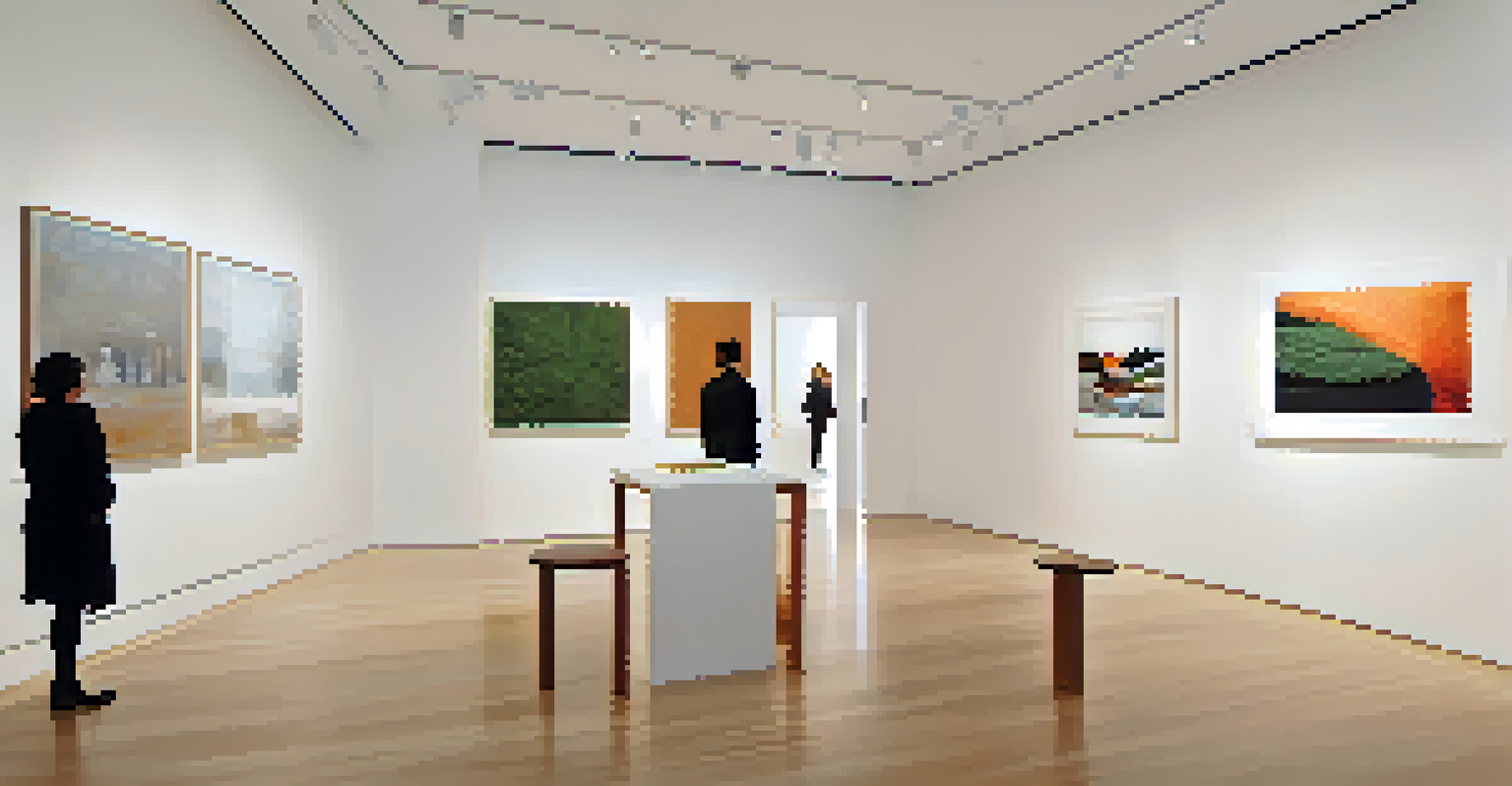 An interior view of a modern art gallery in New York City filled with natural light and contemporary art pieces, with visitors admiring the exhibits.