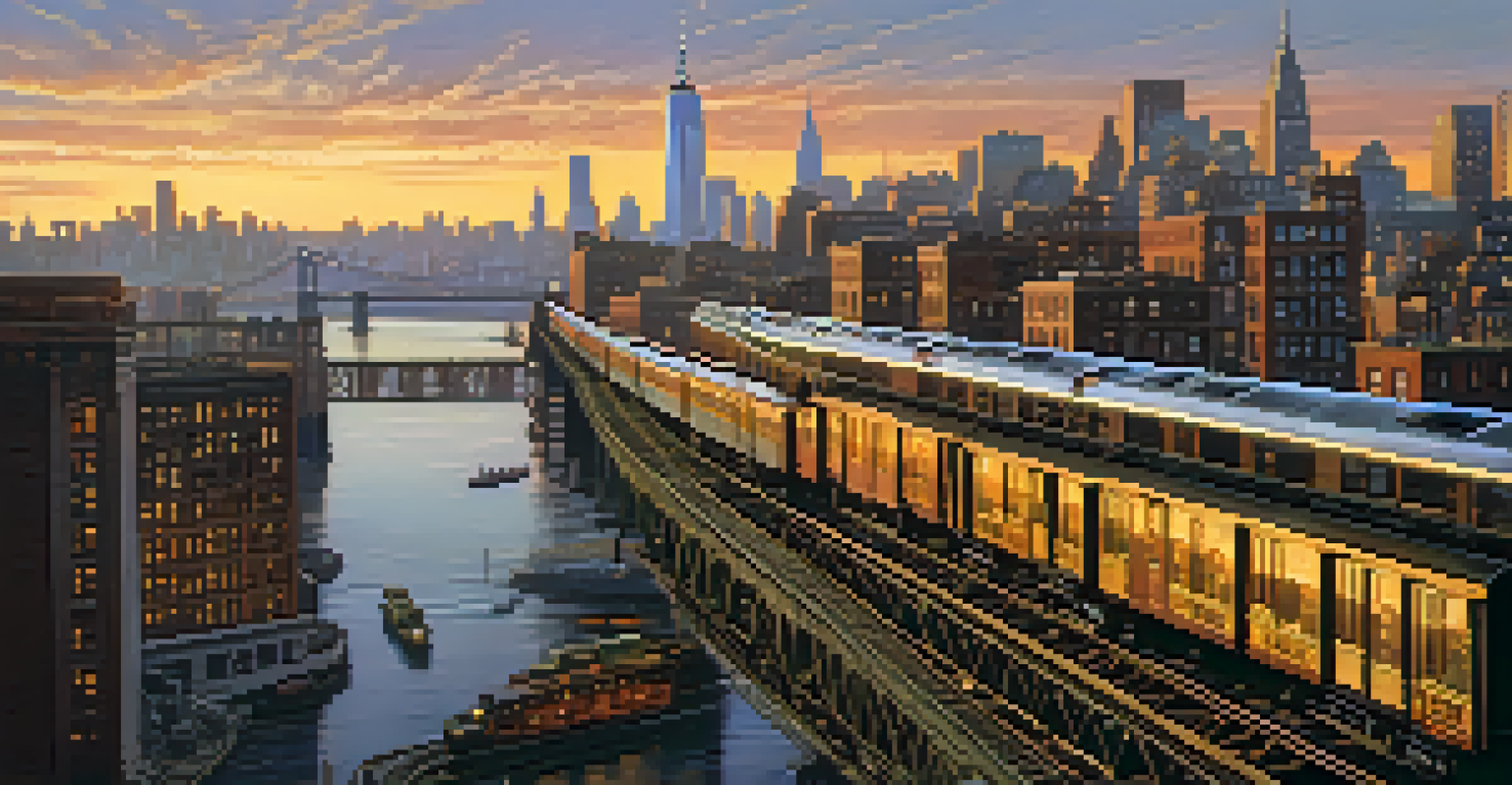 A scenic view of the Manhattan Railway at sunset, showcasing elevated tracks and a vibrant city skyline.