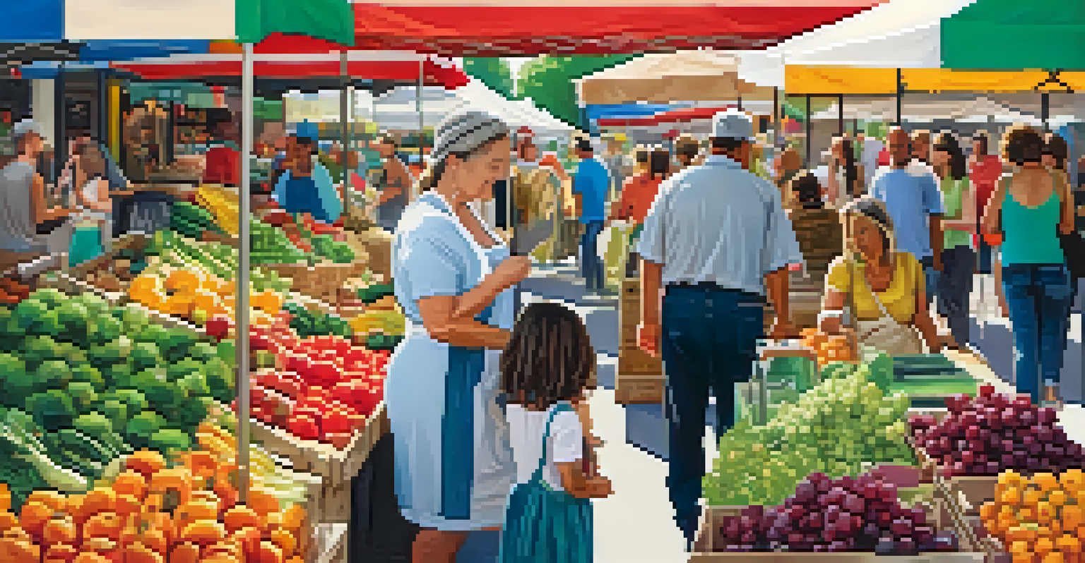 A lively farmer's market with vendors selling fresh produce, and families enjoying the atmosphere.