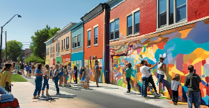 Artists collaborating on a colorful community mural on a city wall, with bystanders admiring the artwork.