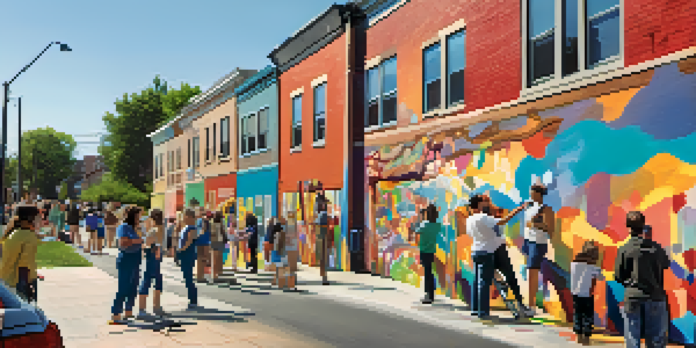 Artists collaborating on a colorful community mural on a city wall, with bystanders admiring the artwork.
