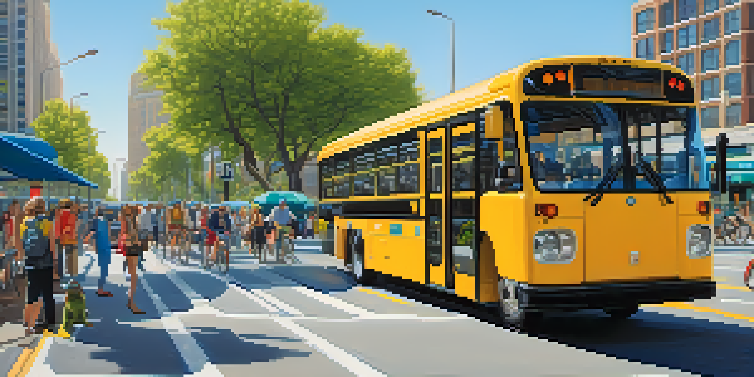 A lively city street with electric buses, green trees, and cyclists, depicting urban life and sustainable transportation.