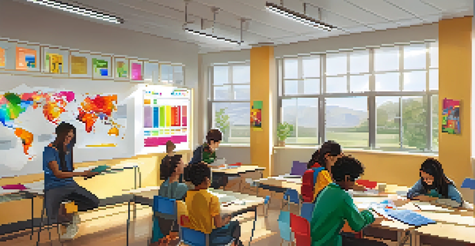 A vibrant classroom with diverse students using technology for collaborative learning.