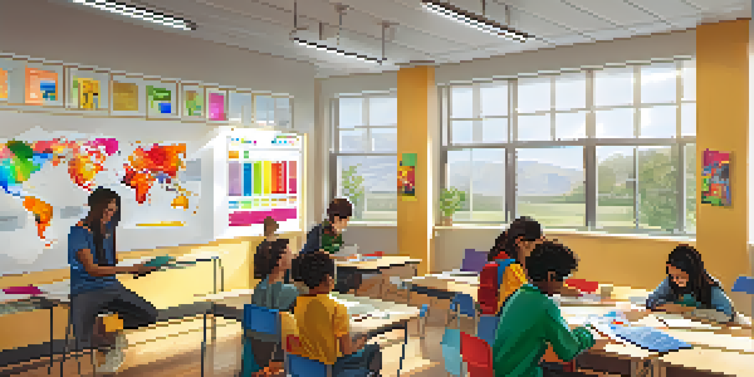 A vibrant classroom with diverse students using technology for collaborative learning.