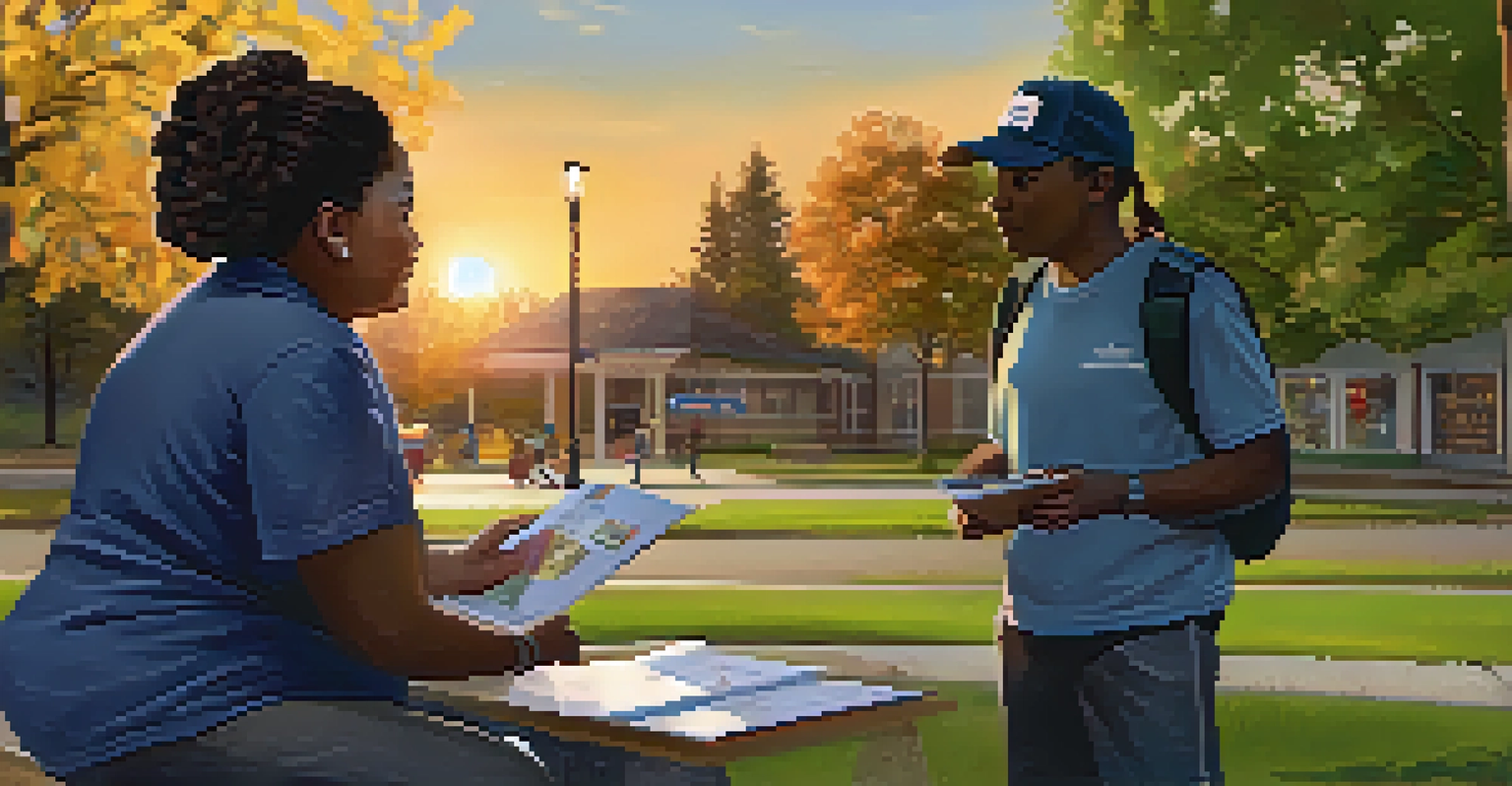 An outreach worker engaging with at-risk youth in a park, providing resources and support, with a warm sunset in the background.