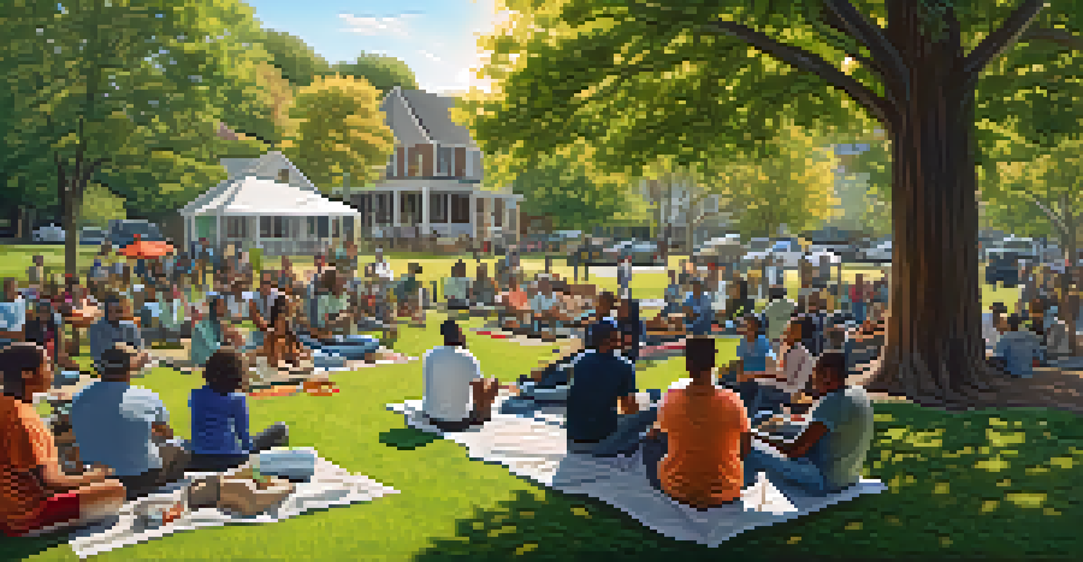 Aerial view of a community meeting in a park with residents discussing local issues and a city official, surrounded by trees.